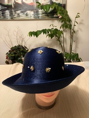 Navy Satin Ribbon Hat with Gold Sequined Floral Accents